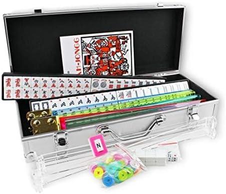 Complete American Mahjong Set, 166 White Tiles, 4 Color Pushers/Racks, Chips, Wind Indicator Aluminum Case + Clear Pusher