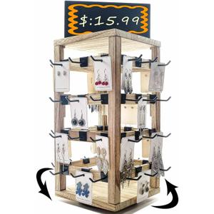Wooden rotating Jewelry Display Stand with Removable 48 Hooks advertising board, For Earring Cards necklace bracelet Keychain Jewelry Organizer For Selling For vendor events (brown)