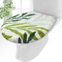 Mindsoft Green Leaves Toilet Seat Covers Bathroom Toilet Lid Cover Soft Microfiber 17.5'' x 15'' Plush Tufted, Machine Washable, Adjustable Rubber Backing Fits Most Round Elongated Oblong Lids
