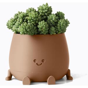 TOPOLA Happy Face Planter, 5.2 Inches Plastic Plant Pot, Self Watering Plant Pot with Drainage Holes for Indoor Outdoor, Succulent Pot, Funny Flower Pot, Khaki