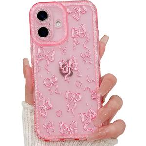 NITITOP Compatible with iPhone 16 Case Cute Clear Pink Glitter Bow Knot Design Shiny Star Sparkle Bling Diamond Girls Women Soft TPU Shockproof Protective Phone Cover - Dot Heart Bow