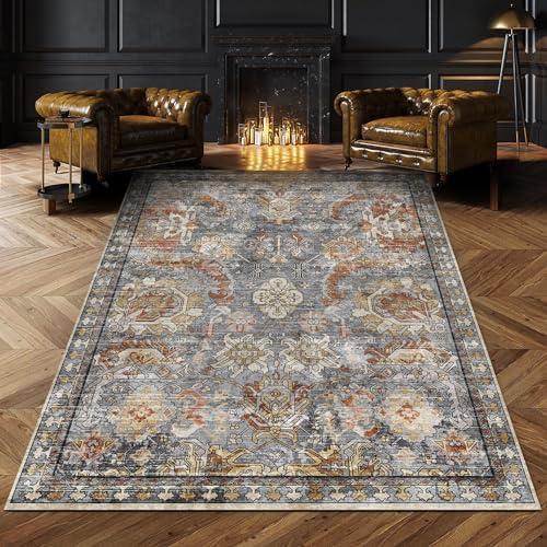 RUGSURE Washable Area Rugs - Perfect for Living Room, Bedroom, Kids Room, Nursery - Stain & Water Resistant Non-Slip, Pet & Child Friendly, Vintage Tribal Area Rugs (Turmeric and Grey, 3' x 5 ')