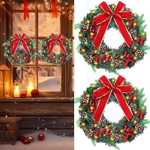 Suncalla 2 Pcs 20 Inch Pre Lit Christmas Wreath for Front Door Norfolk Artificial Xmas Wreath with Lights Bow for Christmas Party Outdoor Decor (Classic Bow)