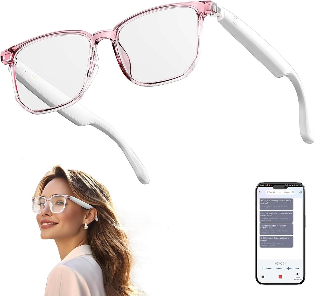 AI Smart Glasses, Bluetooth 5.4 Glasses with 144 Language & Accents, Translation Glasses Blue Light Filtering Lenses, Multifunctional Smart Glasses for Men & Women, HY-C8 White