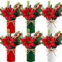 Tioncy 6 Sets Christmas Tabletop Centerpiece Artificial Poinsettias with Metal Vase Flower Picks Holly Red Berries Stem Pine Needles in Pots Faux Floral Arrangements for Home Table Party (3 Colors)
