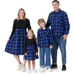 PATPAT Family Matching Outfits Mommy and Me Dresses Matching Set Long Sleeve Plaid Midi Dress and Casual Button Down Shirts (Blue, XL)