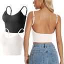 Women Camisole Tank Top - Crop Built-in Bra Ribbed Spaghetti Strap Padded U Backless Workout Sport Basic Cami, L, 2 Pcs