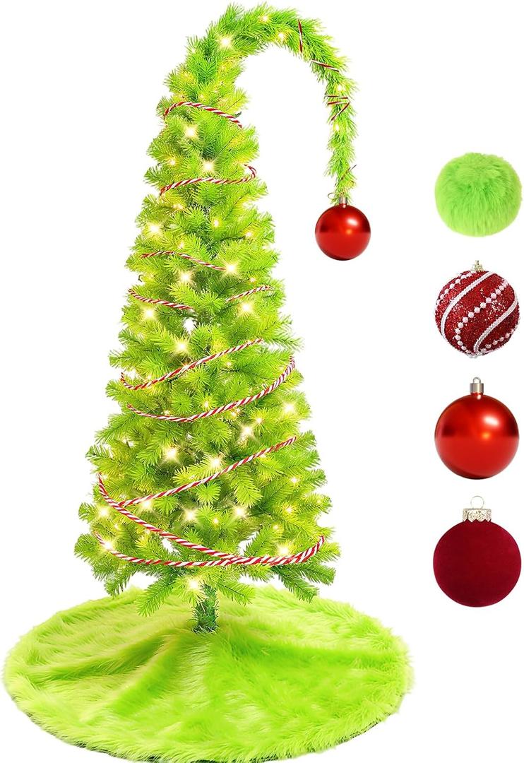 5FT Whimsical Bendable Christmas Tree with Green Plush Tree Skirt 4 Christmas Balls Ornament & String Lights, Lime Green Artificial Xmas Tree for Indoor Holiday Decoration, Easy Assembly