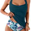 Eomenie Womens Halter Tankini Bathing Suit Ruched Tummy Control Two Piece Swimsuit with Bottom (Medium, Blue Print)