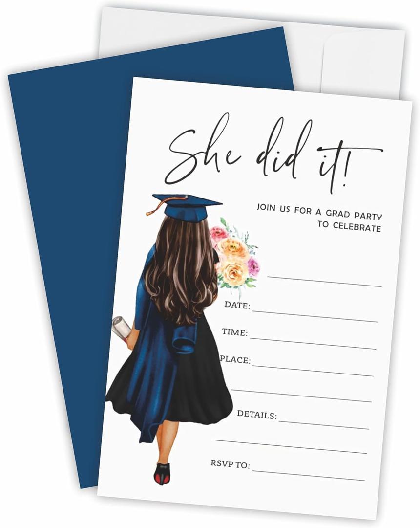 Graduation Party Invitation Cards 2026 - Grad Girl & Flowers, She Did It - 20 Graduation Invites With Envelopes, High School, College, University,Grad Party Favor, Decorations & Supplies - 05