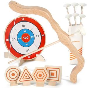 YIMORE Kids Bow and Arrow Set - Wooden Bow and Arrow for Kids 4-6 with 6 Arrows, 4 Targets, 1 Cotton Quiver, Indoor and Outdoor Archery Bow Gift Toys for Children Boys & Girls Ages 3-12