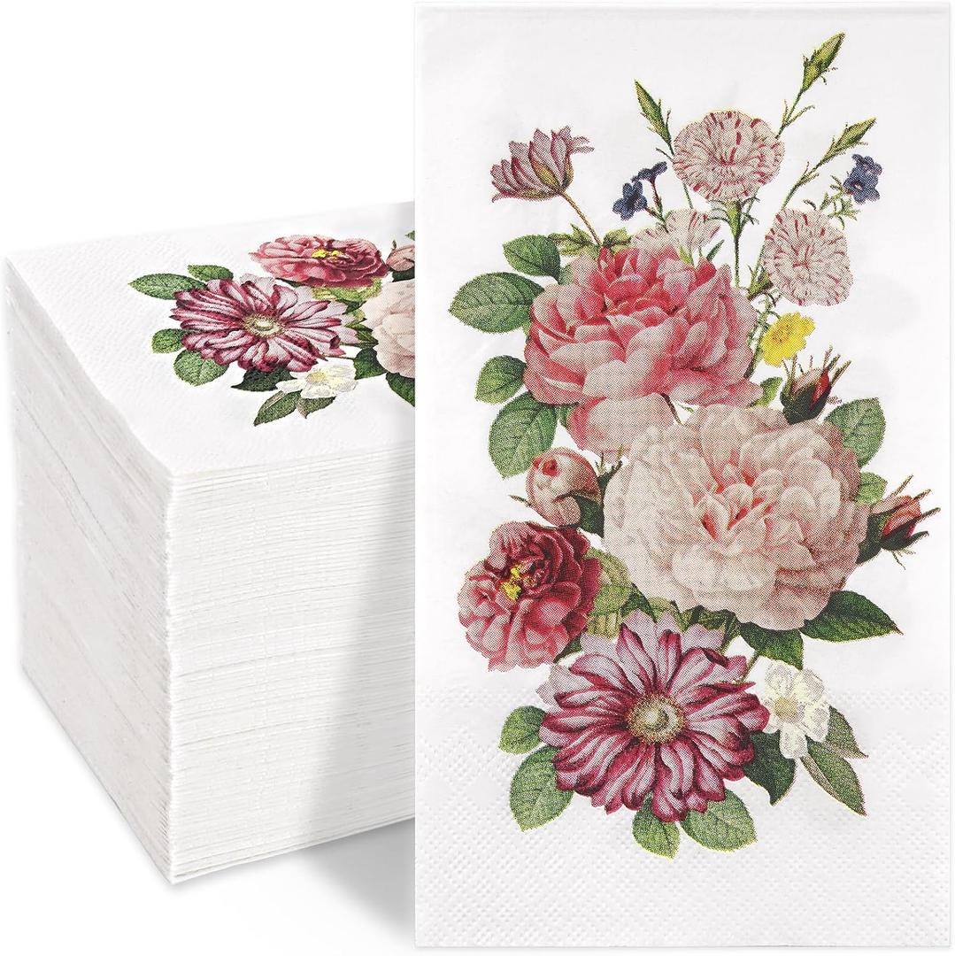 Homlouue 100PCS Vintage Pink Flower Napkins, 3 Ply Disposable Hand Towels for Bathroom, Floral Paper Napkins Disposable Dinner Napkins for Spring Wedding Baby Shower Bridal Shower Birthday Tea Party