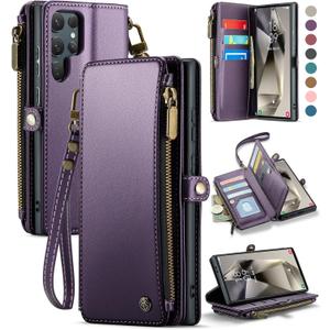 Defencase Compatible with Samsung Galaxy S24 Ultra Case Wallet with RFID Blocking Card Holder for Women Men, PU Leather Magnetic Snap Flip Zipper Strap Phone Case Fit for Galaxy S24 Ultra 5G, Purple