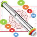 Rolling Pin and Pastry Baking Mat Set, Rolling Pins with Adjustable Thickness Rings, Stainless Steel Dough Roller for Baking Fondant, Pizza, Pie, Pastry, Pasta, Cookies (Red Mat)