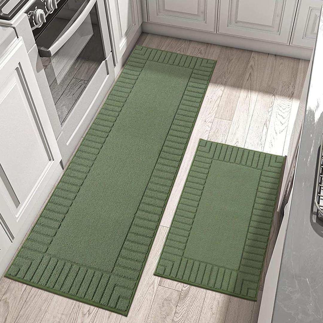BEQHAUSEKitchenRugsNonSlipKitchenMatsforFloor Machine Washable Kitchen Rugs 2 Pieces Kitchen Carpet Runner with TPR Backing,Green,24x35inch/24x60inch