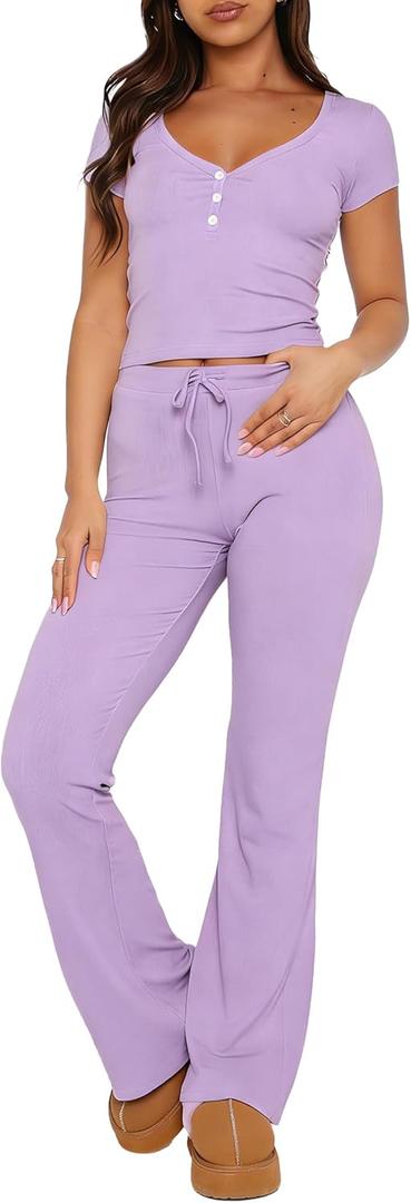 Womens 2 Piece Pajamas Set V Neck Short Sleeve Cropped Top And Flare Long Pants PJs Outfits Ribbed Lounge Sets (Large, Light Purple)