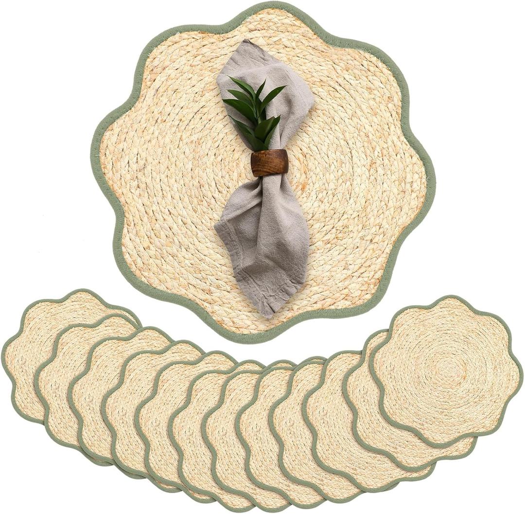 Jingmore 12 Pcs Wedding Placemats 15 Inch Handwoven Scalloped Placemats Boho Rattan Chargers for Dinner Plates Farmhouse Mats for Dining Table Decoration Wedding Party Supplies (Green)
