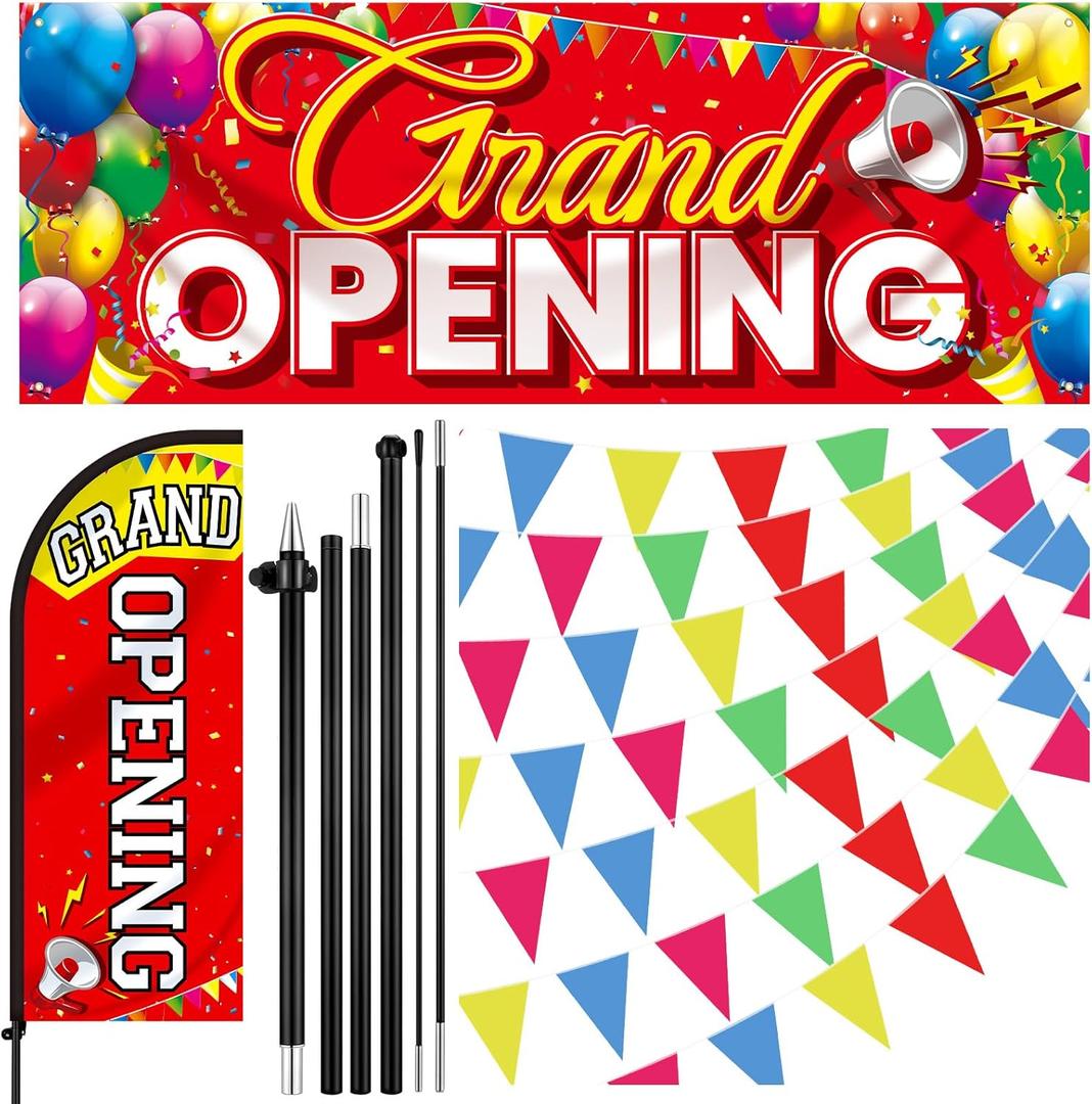 7 ft Red Yellow Grand Opening Banner with Pole Kit Advertising Feather Flag Decorations Grand Opening Store Sign Triangle Flags Set for Business Event Bar Restaurant Grocery Cafes Shop