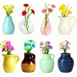 Renmxj 8 Pcs Refrigerator Magnets - Cute Mini Ceramic Vase Fridge Magnets with Artificial Flowers, Funny Tiny Vase Magnet for Fridge Decorative, Office, Kitchen, Locker, Whiteboard
