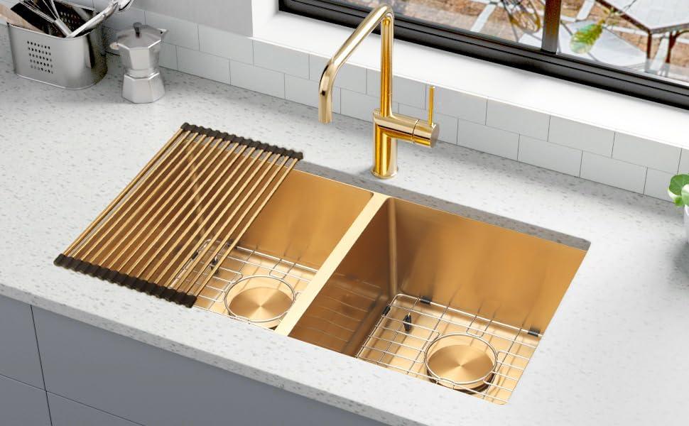 Gold Kitchen Sink 31 x 18 Inch Double Bowl Undermount Stainless steel Sink With Accessories