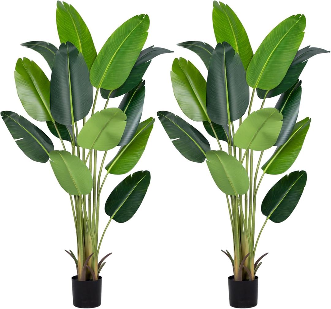 Artificial Bird of Paradise Plant 6Ft Fake Tropical Palm Tree with 13Trunks Faux Banana Leaf Trees in Pot for Home Indoor Outdoor Office Modern Decor Housewarming Gift2Pcs (2pack)