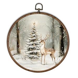 BBMGG Winter Forest Deer Christmas Tree Wall Art Decor, Holiday Winter Christmas Round Wall Hanging Decor, Rustic Snow Landscape Deer Framed Canvas Prints for Home Bedroom Decorations, 10x10inch