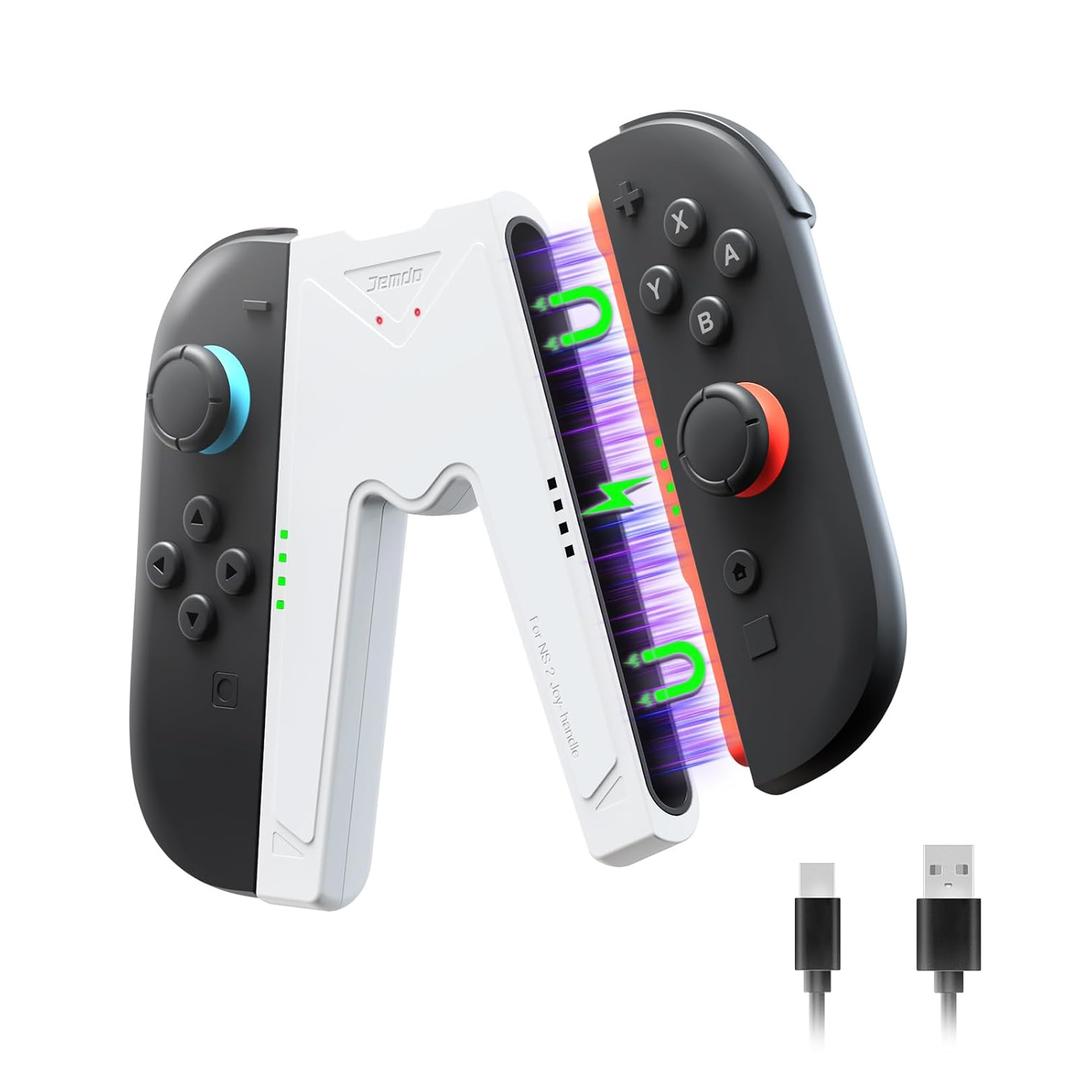 JEMDO Magnetic JoyCon Charger Grip Compatible with Nintendo Switch 2 Only  Ergonomic LED Charging Grip for JoyCon 2 with USB-C Cable, Travel-Ready, White [nintendo_switch_2]