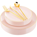 30 Guests Pink Plastic Plates for Party,Heavy Duty Pink Disposable Plates,Gold Dinnerware Set Include 30 Dinner Plates,30 Dessert Plates,30 Gold Plastic Silverware Set for Party.