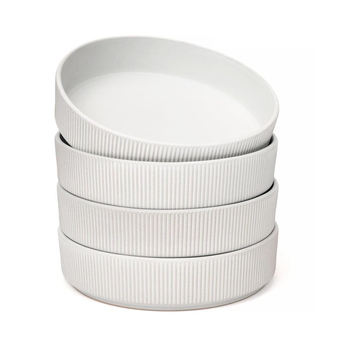 OTAGO 8" Bowls Set of 4, Ribbed Stoneware Bowls with Unique Handcrafted Reactive Glaze, Matte Ceramic Tableware for Kitchen, Dinner & Dining, Microwave & Dishwasher Safe, White