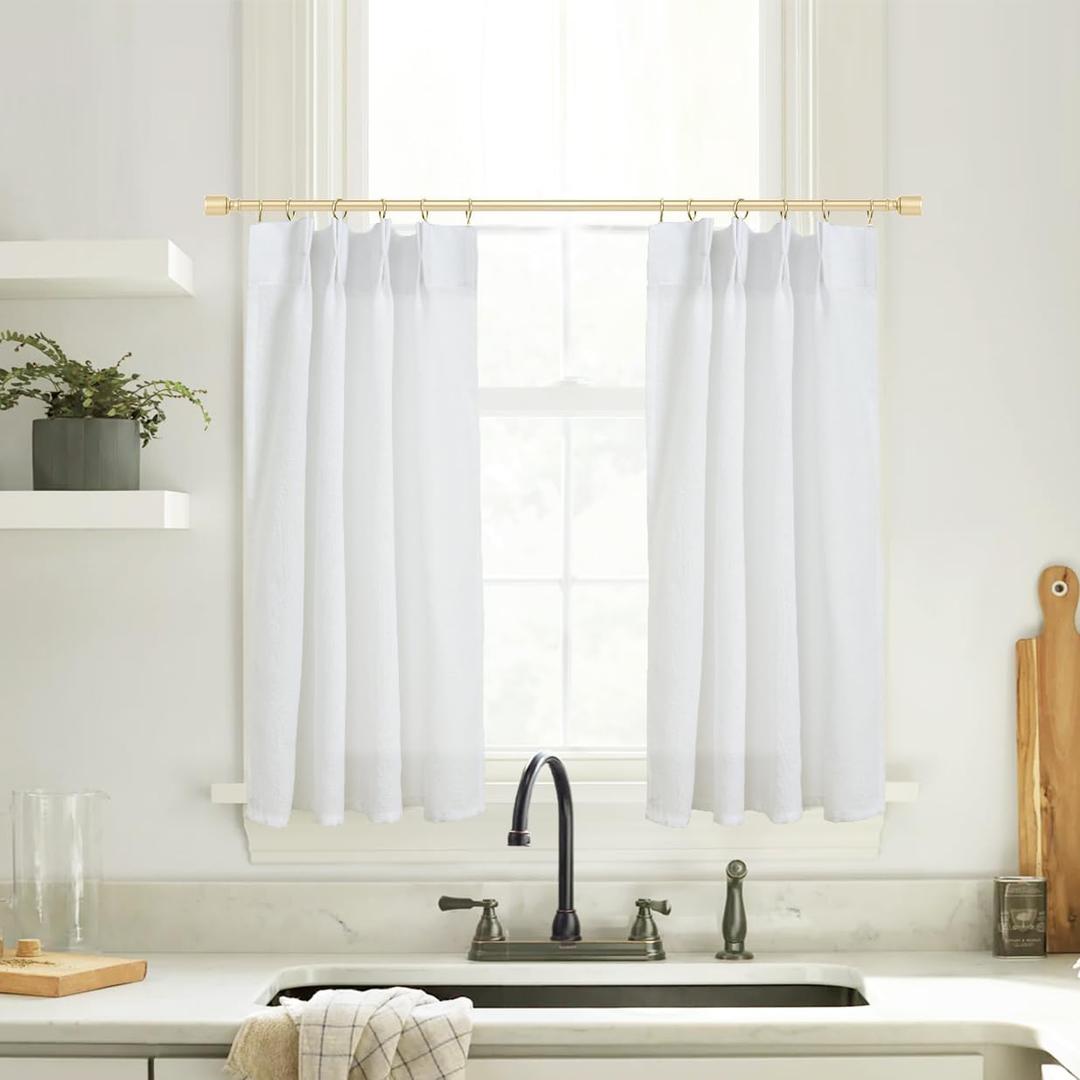 32 Inch Length,White Linen Kitchen Curtains,Extra Wide Small Bathroom Curtains Window Rustic Farmhouse
