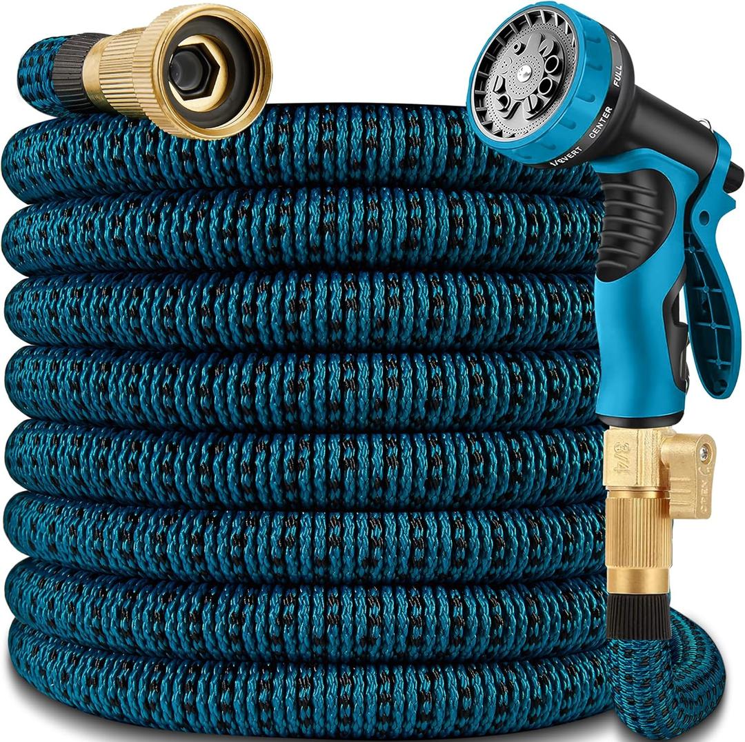 50 ft Expandable Garden Hose - 2025 New Kink Free Flexible Water Hose 50ft with 10 Pattern Spray Nozzle, 3/4 Solid Brass Connectors, Retractable Latex Core - Lightweight Expanding Hose (Blue Black)