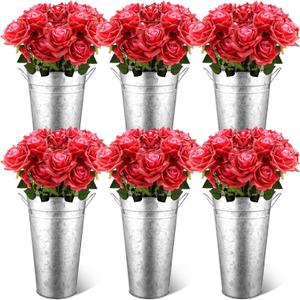 Irenare 12 Inch Vintage Galvanized Flower Bucket Metal Flower Vase Farmhouse French Bucket Planter Metal Floral Container for Party Table Centerpiece Weddings Home(Silver,6 Pcs)
