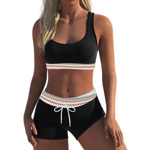 Womens Sport Two Piece Swimsuits Racerback Tops Boyshort Bottom (Small, Black)