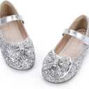 Hehainom Toddler Girls Flats Mary Jane Flower Girl Dress Shoes School Wedding Party Shoes (Silver Sequin)