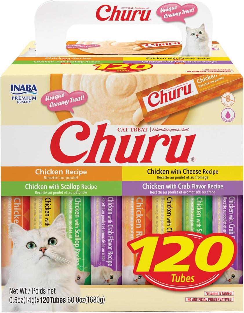 INABA Churu Cat Treats, Lickable, Squeezable Creamy Pure with Vitamin E, 0.5 Ounces per Tube, 120 Tubes Total, Chicken Variety