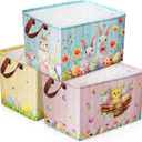 Geelin 3 Pcs Large Easter Baskets 15 x 11 x 9.5 Inch Empty Easter Storage Bin with Handles Collapsible Bunny Rabbit Eggs Waterproof Extra Big Foldable Gift Basket for Cloth Toy Gift(Cute)