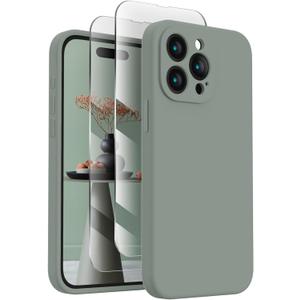 FireNova Designed for iPhone 15 Pro Case, Silicone Upgraded [Camera Protection] Phone Case with [2 Screen Protectors], Soft Anti-Scratch Microfiber Lining Inside, 6.1 inch, Calke Green