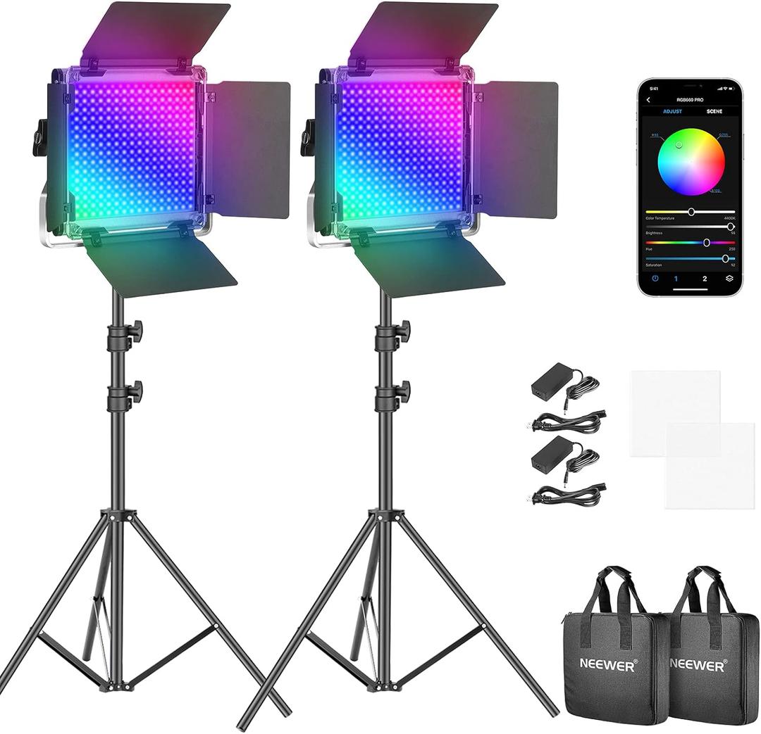 NEEWER 2 Pack 660 PRO RGB LED Video Light with App Control Tripod Stand Kit, Studio Panel Key Lighting for Gaming Streaming Zoom YouTube Webex Photography, 360 Full Color, 50W Dimmable Bi Color