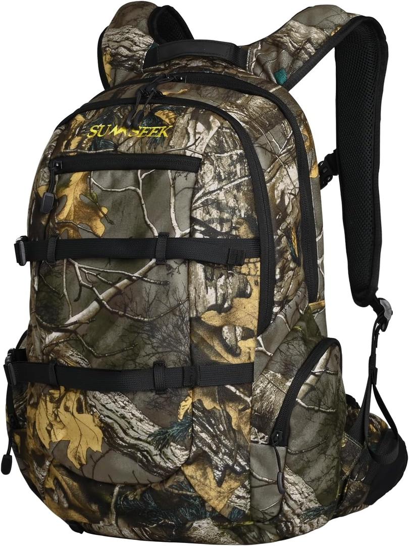 Hunting Backpack with Integrated Rifle and Bow Carrier, Brushed Tricot Daypack for Turkey and Deer Hunting, 30L Camo Pack with Drop-Down Buttstock Holder, Padded Waist Belt and Rain cover, Large