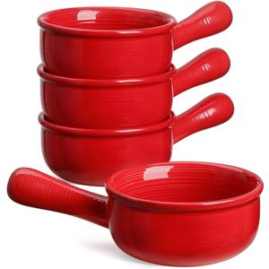 LE TAUCI French Onion Soup Bowls, 15 Ounce Ceramic Soup Bowls with Handles, for Chili, Beef Stew, Oven Microwave Dishwasher Safe, Set of 4, Red