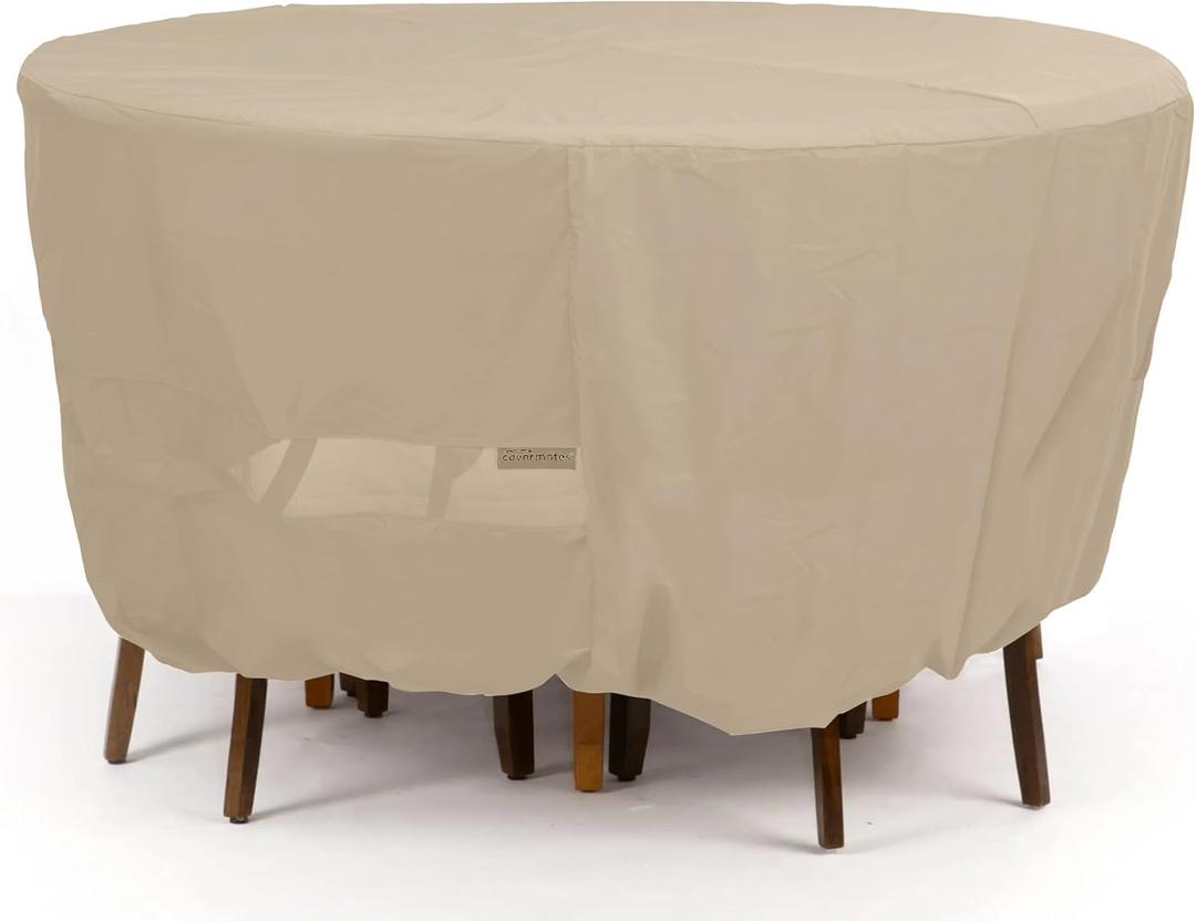 Covermates Classic Round Patio Dining Table and Chair Set Cover – All-Weather Outdoor Furniture Protection, Water-Resistant Vinyl, Elastic Hem, Mesh Vents, 86DIAMETER x 30H, Classic Tan