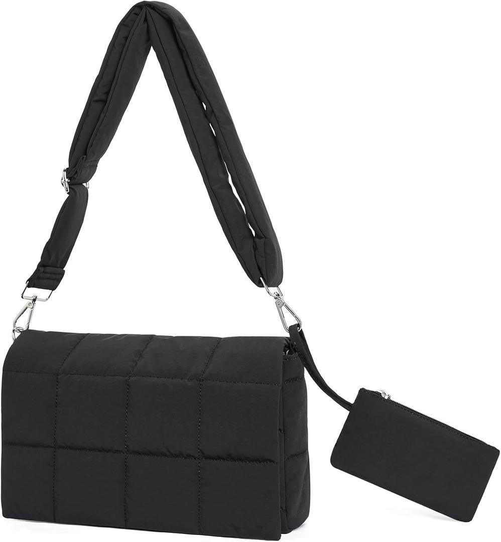 CLUCI Puffer Shoulder Bag Puffy Crossbody Purse for Women Middle Tote Bag Lightweight Cotton Padded Hobo Handbag (Black)