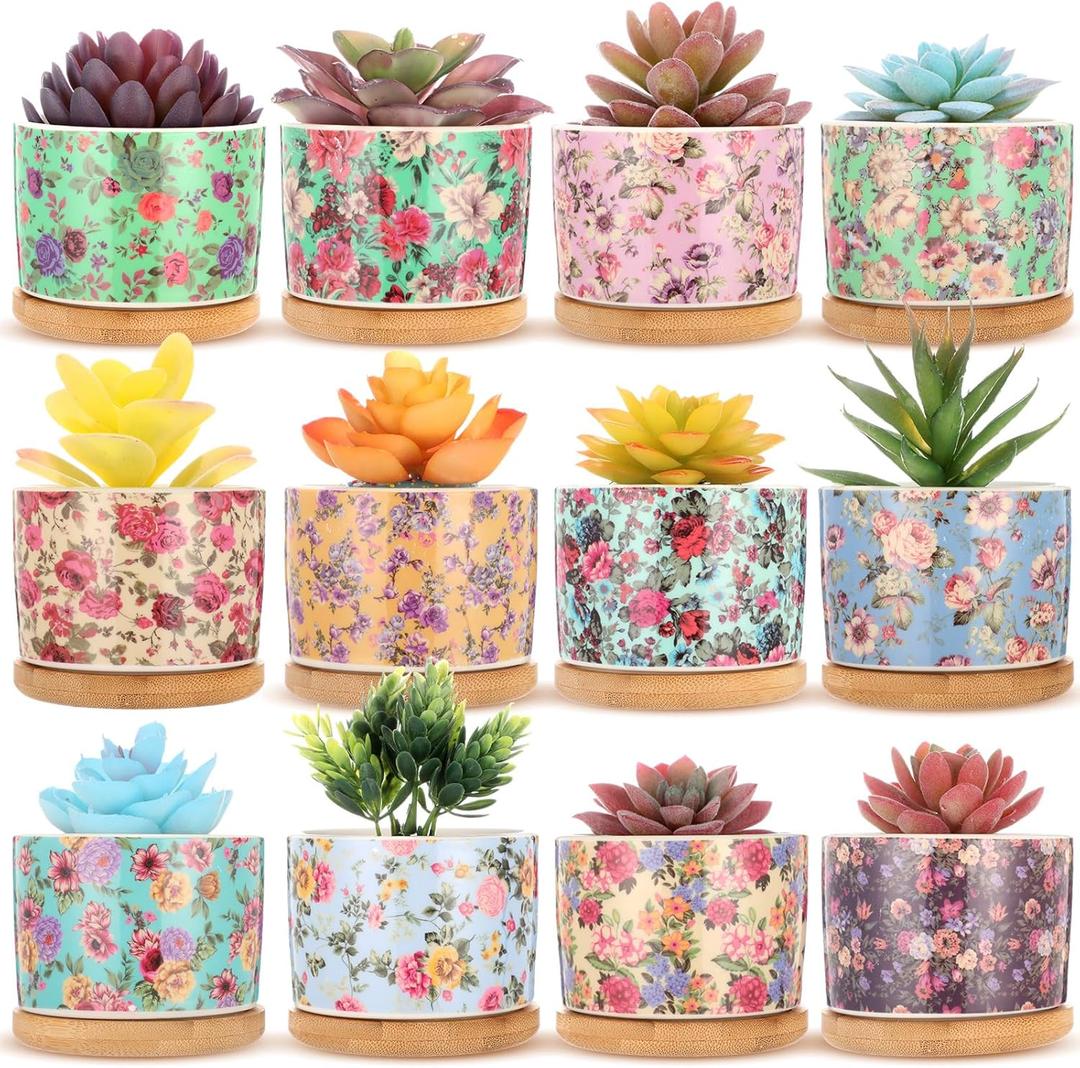 Threehoney 12 Pack 3.14 Inch Ceramic Succulent Plant Pots Mini Flower Cylinder Pots with Drainage Hole and Bamboo Trays for Small Plants Flowers Cactus Home Office Decor(Chinoiserie)