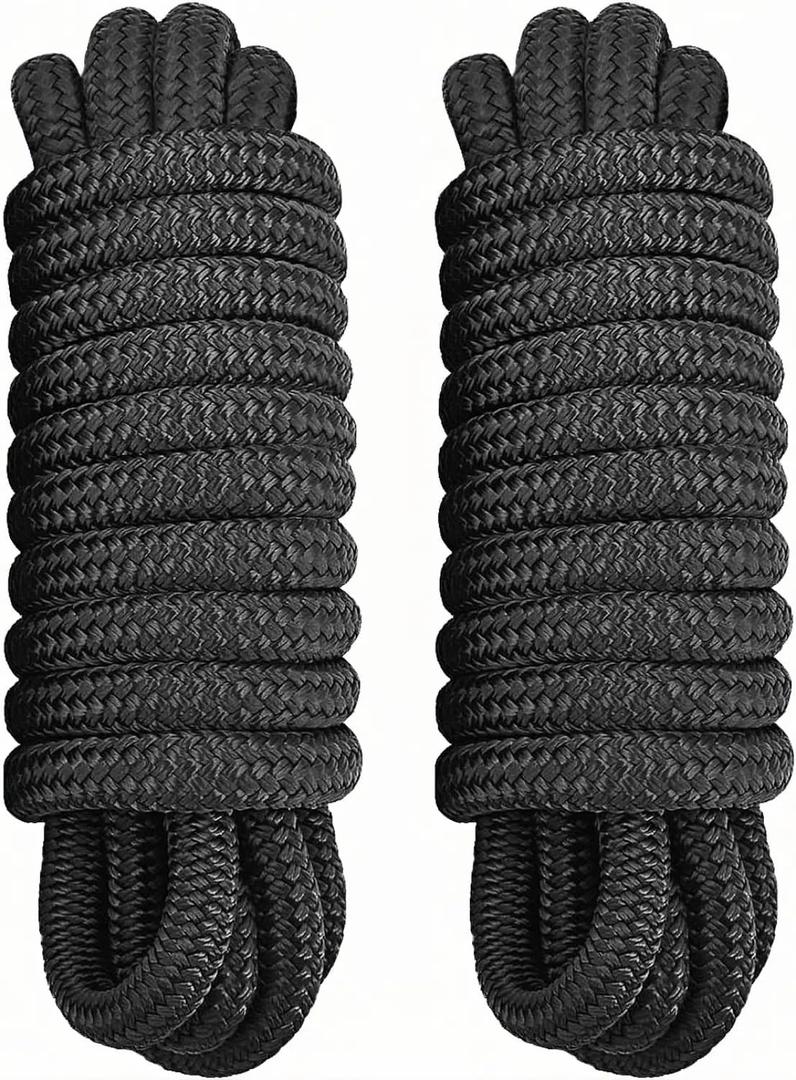2 Pack 1/2" x 20' Dock Lines - Marine Grade Nylon Boat Rope with 12" Loop for Docking and Mooring - Double Braided Boat Lines, High Strength, Easy Handling, Fray Resistant - Black