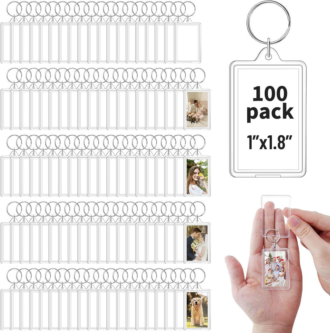 100 Pack Acrylic Photo Keychain Bulk, Clear Photo Keyrings for 1.8"x1.1" Pictures, Shatterproof Acrylic Keychains with Split Rings, DIY Custom Keyring Frames for Gifts, Parties & Crafts