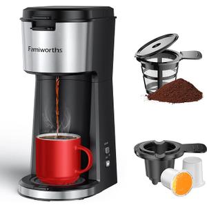 Famiworths Single Serve Coffee Maker for K Cup & Ground Coffee, With Bold Brew, One Cup Coffee Maker, 6 to 14 oz. Brew Sizes, Fits Travel Mug, Classic Black