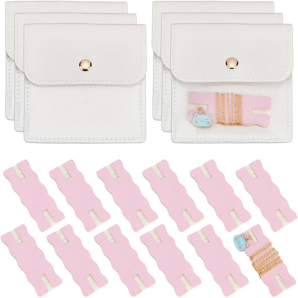 OLYCRAFT 18 Pack Pink Portable Necklace Display Cards with White Storage Bags PU Leather Jewelry Holder Tangle-Free Jewelry Organizer Set for Home Travel Earrings Rings Necklaces Jewellry Storage