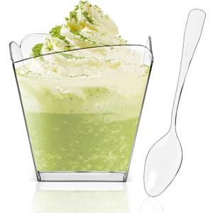 100 Pack 3.5 oz Clear Plastic Dessert Cups with 100 Tasting Spoons, Square Parfait Appetizer Cups for Party, Weddings
