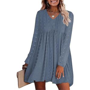 KIRUNDO Womens Dresses 2024 Spring Summer Long Sleeve Mini Dress V Neck Flowy Casual Swiss Dot Loose Babydoll Dress (Large, Grey Blue)