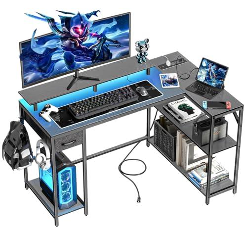 Eivanet 47" L Shaped Computer Desk with Power Outlet & LED Light, Gaming Desk with Hook & Monitor Stand, Reversible L Shaped Desk with Drawer and Storage Shelves for Home Office White Eivanet 47" L Shaped Computer Desk with Power Outlet & LED Light, Gaming Desk with Hook & Monitor Stand, Reversible L Shaped Desk with Drawer and Storage Shelves for Home Office White